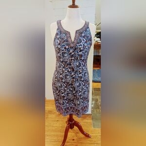 MAGNOLIA GRACE Sleeveless Shift In Beautiful Brown& Blue Pattern